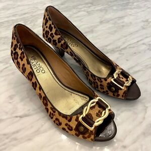 Franco‎ Sarto Leopard Print Peep Toe Heels Buckle Detail Real Fur 6M
